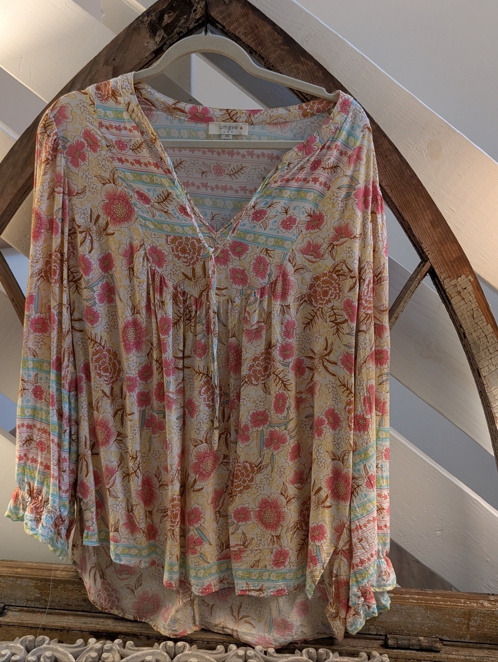 Umgee Cream Blouse with Pink Floral Print and Blue Accents
